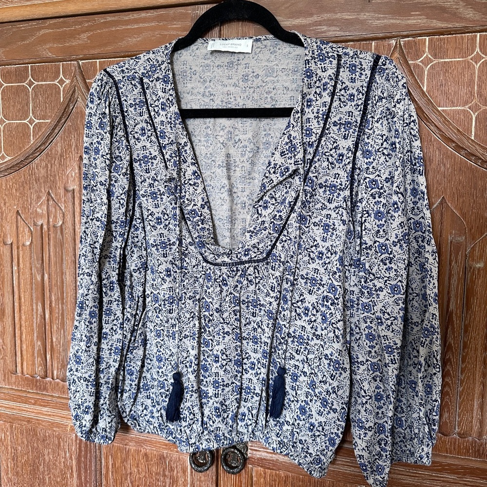 Lucky Brand Floral Print Peasant Tassel Blouse